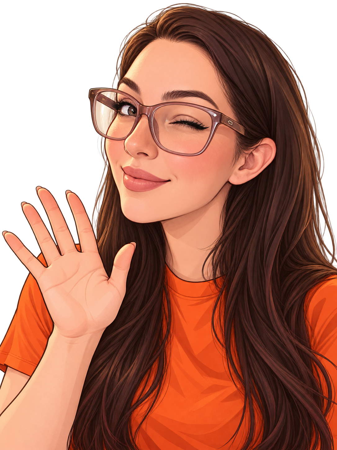 Cartoon portrait inspired by her public selfie, with long brunette hair, oversized glasses and orange shirt